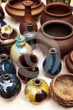 Lots of handmade earthenware - ceramic pots and vases at pottery shop