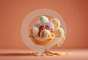 lots of ice cream balls in glass vase on peach fuzz background