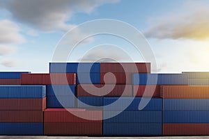 Lots of long cargo containers stacked at the terminal port for import export business. Logistics, unloading, loading, storage,