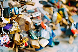 Lots of love locks on bridge in European town
