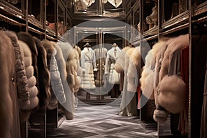 Lots of luxurious fur coats hanging in opulent walk-in closet. Generative AI