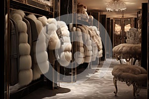 Lots of luxurious fur coats hanging in opulent walk-in closet. Generative AI