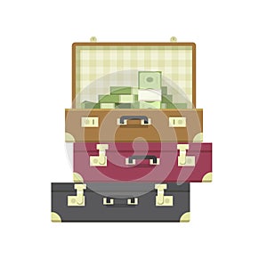 Lots of money heap or million cash pile of dollars in suitcase case vector flat cartoon illustration isolated, idea of