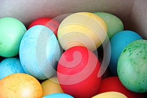 lots of multicolored Easter eggs. Easter painted eggs. red, yellow, blue and green eggs