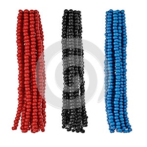 Lots of multicolored threads with black, blue and red beads. Template for designers and advertising