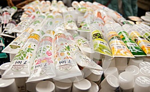 Lots of natural hand cream tubes