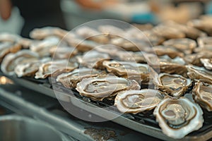 lots of oysters on a plate, in the style of nature-based patterns,