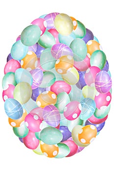 Lots of pastel dyed easter eggs, egg shaped isolated on white