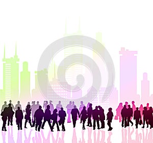 Lots of people walking in the City, modern life concept Modern city illustration, office buildings, corporative skyscrapers. photo