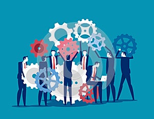 Lots of people working with gears. Rotating them and making mechanism working concept. Flat business cartoon vector style