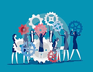 Lots of people working with gears. Rotating them and making mechanism working concept. Flat business cartoon vector style