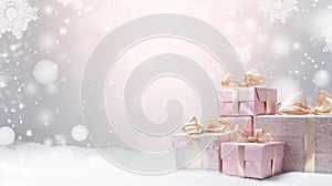 Lots of pink Christmas gift boxes with bows, Christmas tree, silver decorative balls, snowflakes on a pink background