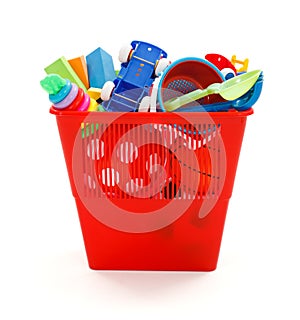 Lots of plastic toys thrown in garbage bin