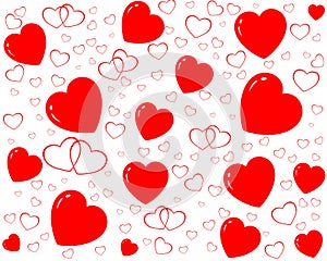 Lots of red hearts and contour of red hearts in a chaotic manner
