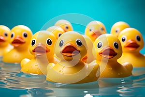 Lots of rubber duckies on the surface of the water
