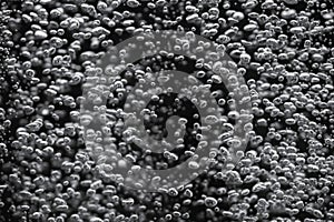 Lots of shiny air bubbles underwater rising from bottom and illuminated by rays of light. Stream of oxygen bubbles on a