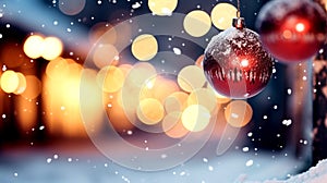 A lots of small Christmas ball decorated on night street light, hang on Christmas tree, snow, close-up, glittering, shiny light,