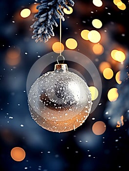 A lots of small Christmas ball decorated on night street light, hang on Christmas tree, snow, close-up, glittering, shiny light,