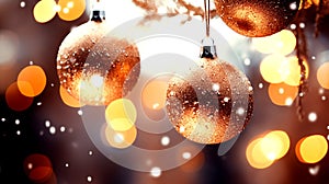 A lots of small Christmas ball decorated on night street light, hang on Christmas tree, snow, close-up, glittering, shiny light,