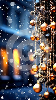 A lots of small Christmas ball decorated on night street light, hang on Christmas tree, snow, close-up, glittering, shiny light,