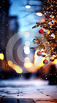 A lots of small Christmas ball decorated on night street light, hang on Christmas tree, snow, close-up, glittering, shiny light,