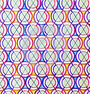 Lots of small coloured cirles with criss-cross lines.