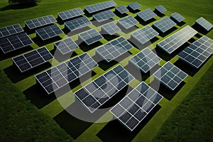 Lots Of Solar Panels On Green Grass. Generative AI