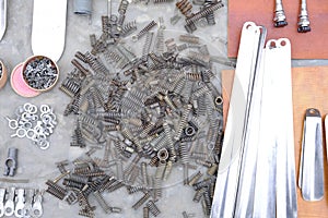 Lots of springs. Background of spiral elements, old flea market details,