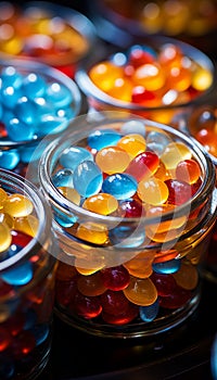 Lots of sweet candies lollipops in glass jars, close-up view
