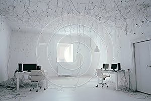 Lots of tangled wires in a white computer room. Neural network AI generated