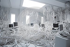 Lots of tangled wires in a white computer room. Neural network AI generated