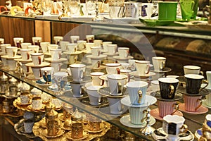 Lots of traditional Turkish coffee cups at the bazaar. Eastern culture