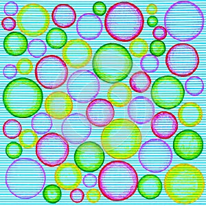 Lots of various sizes of colourful circles on lined paper.