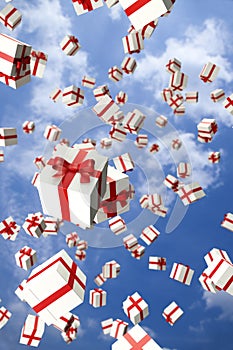 Lots of white gift boxes flying in the air