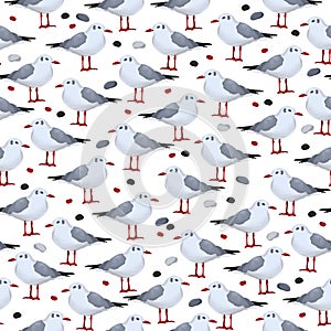 Lots of white sea gulls and sea pebbles on a white background. Seamless pattern with a marine theme.