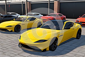 Lots of yellow cars for sale. Neural network AI generated