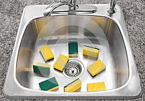 Lots of yellow sponges in a clean kitchen sink