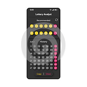 Lottery analytics smartphone interface vector template. Mobile app page black design layout. Recommended numbers screen