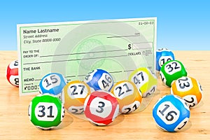 Lottery balls with blank bank check on the wooden table, 3D rend