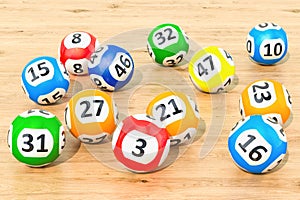 Lottery balls closeup on the wooden table, 3D rendering