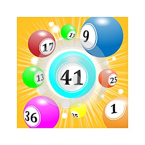Lottery balls fly from afar with speed, bright yellow background