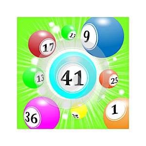 The lottery balls are flying from afar with speed ,a bright green background