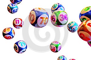 Lottery balls with a number in flight on a white background