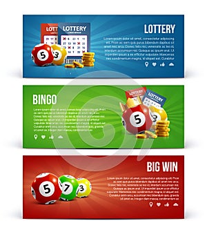 Lottery banners with realistic icons balls coins ticket