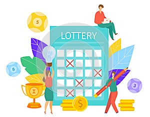 Lottery concept vector illustration. People filling out bingo lotto lottery ticket or coupon with pencil. Win fortune