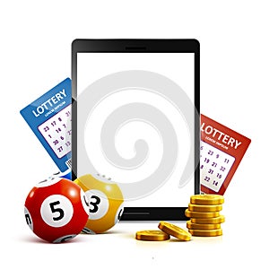 Lottery 3d icon balls ticket phone on white vector illu photo