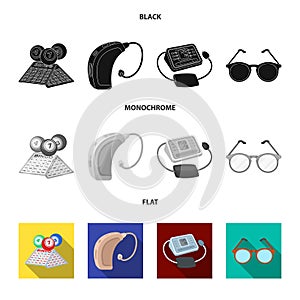 Lottery, hearing aid, tonometer, glasses.Old age set collection icons in black, flat, monochrome style vector symbol