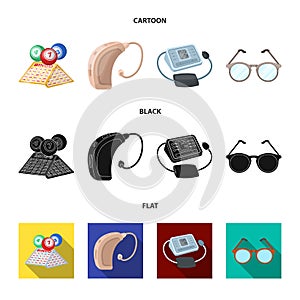 Lottery, hearing aid, tonometer, glasses.Old age set collection icons in cartoon,black,flat style vector symbol stock