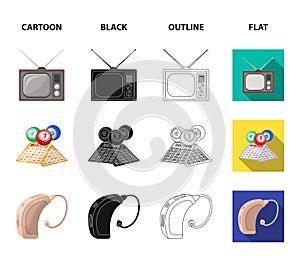 Lottery, hearing aid, tonometer, glasses.Old age set collection icons in cartoon,black,outline,flat style vector symbol