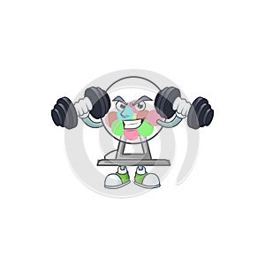 Lottery machine ball mascot icon on fitness exercise trying barbells